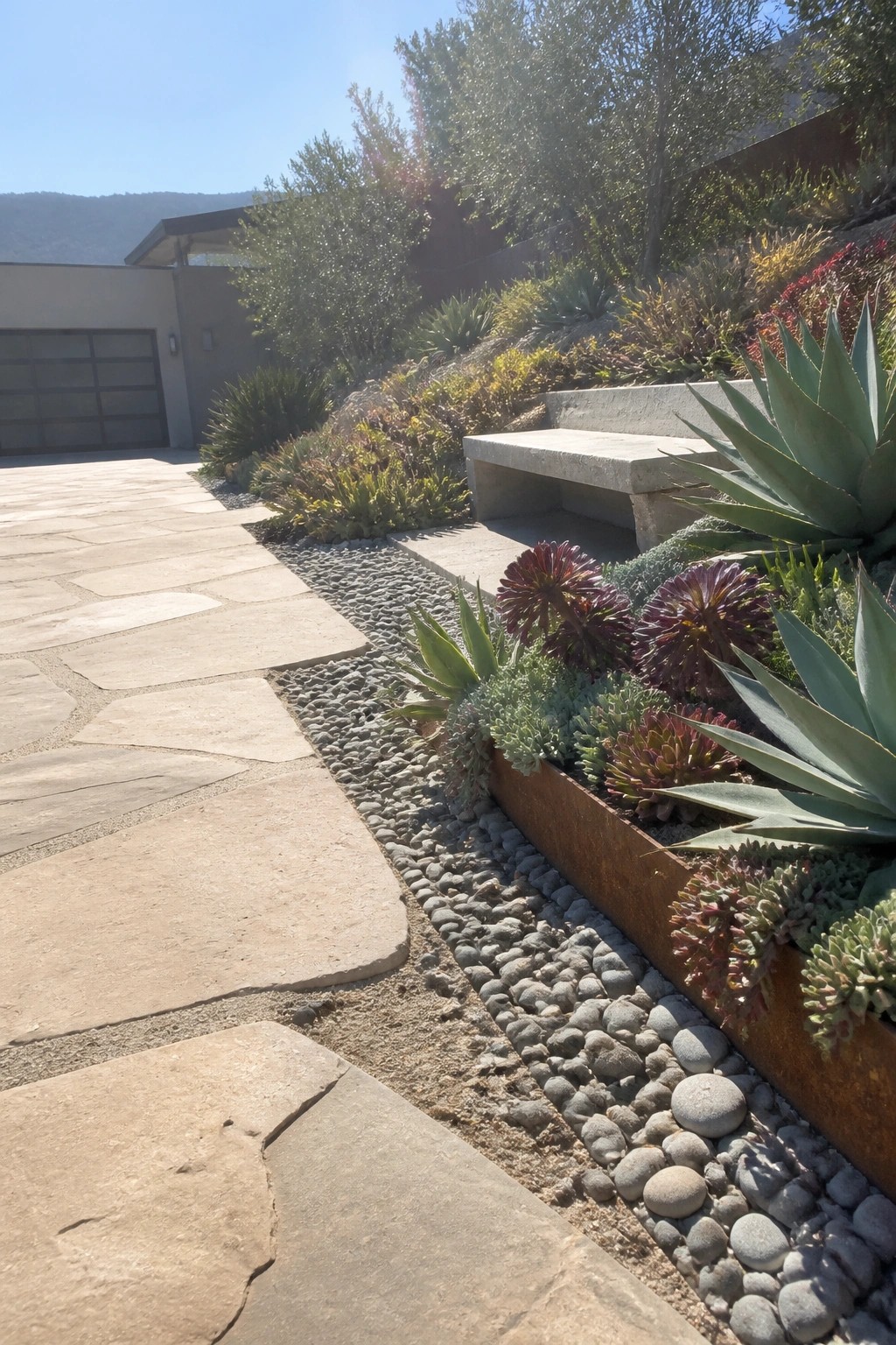 Stone pathway beside rusty planter of succulents and agaves near concrete bench