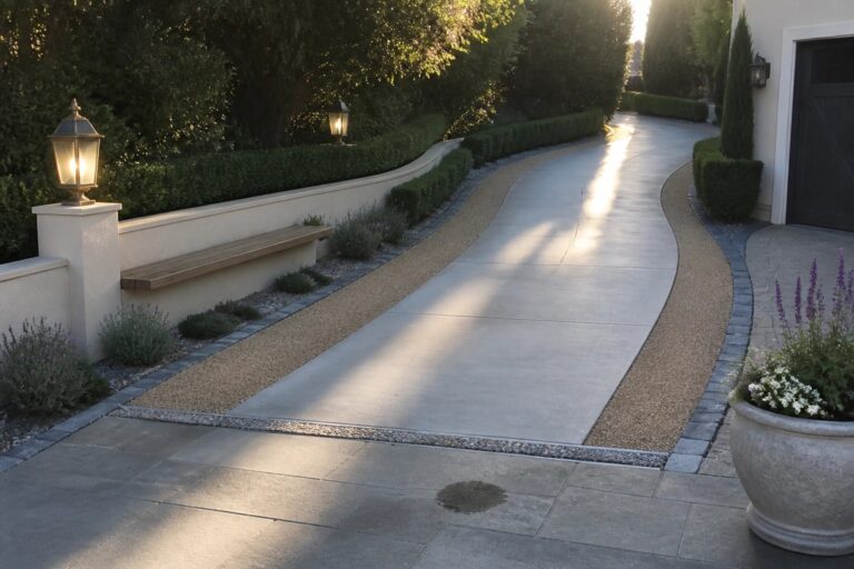 22 Stunning Driveway Ideas That Instantly Elevate Curb Appeal A curved concrete driveway with gravel and paver borders runs past a house, with a built-in bench along a low wall on the left.