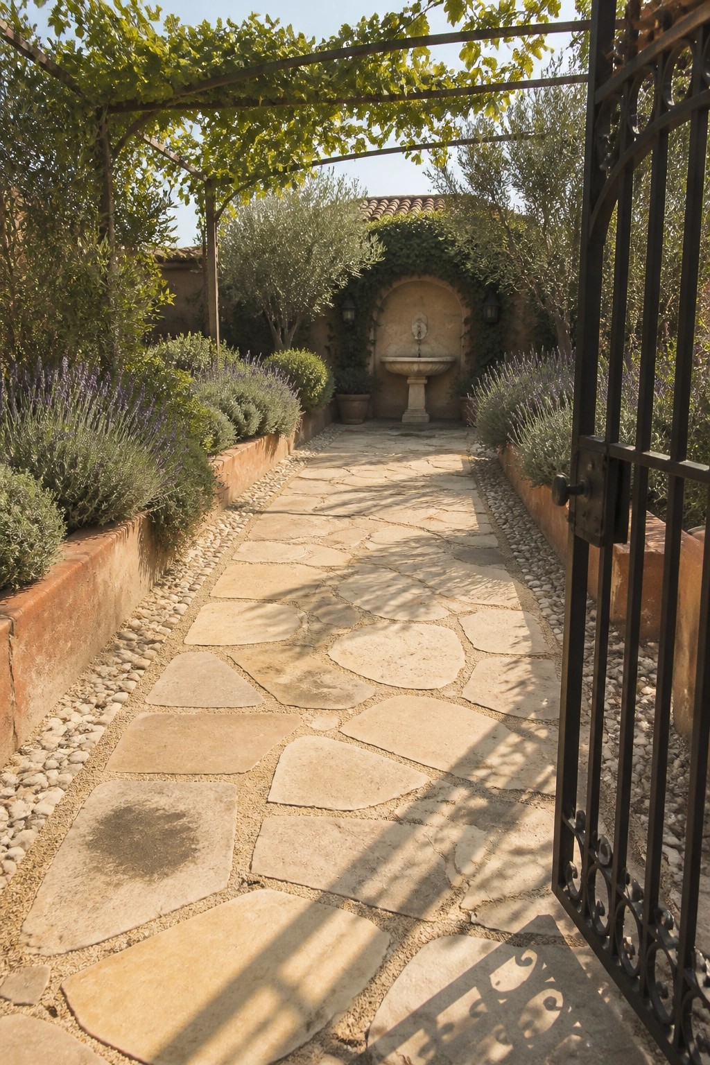 A flagstone pathway bordered by lavender and gravel leads through an open wrought iron gate toward a stone fountain under a pergola.