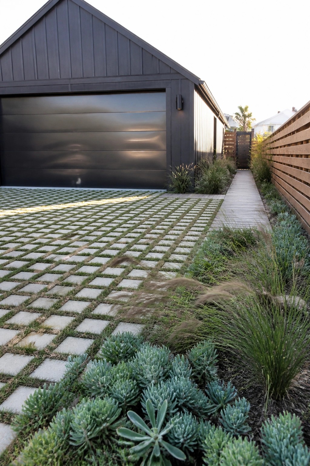 Modern dark house with a driveway of square concrete pavers in a grid pattern allowing grass to grow between them, beside a narrow wooden walkway and planted beds with blue-green shrubs.