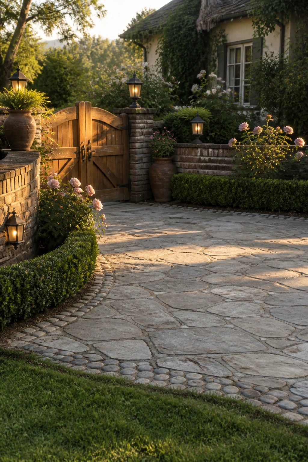 A curved driveway made of large irregular stone pavers with cobblestone borders leads past brick walls, wooden gates, and lanterns toward a house with climbing vines.