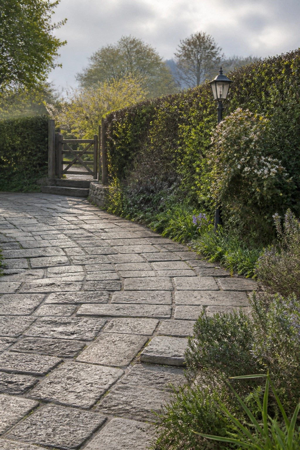 A cobblestone pathway bordered by dense green hedges and flowering plants leads toward a wooden gate.