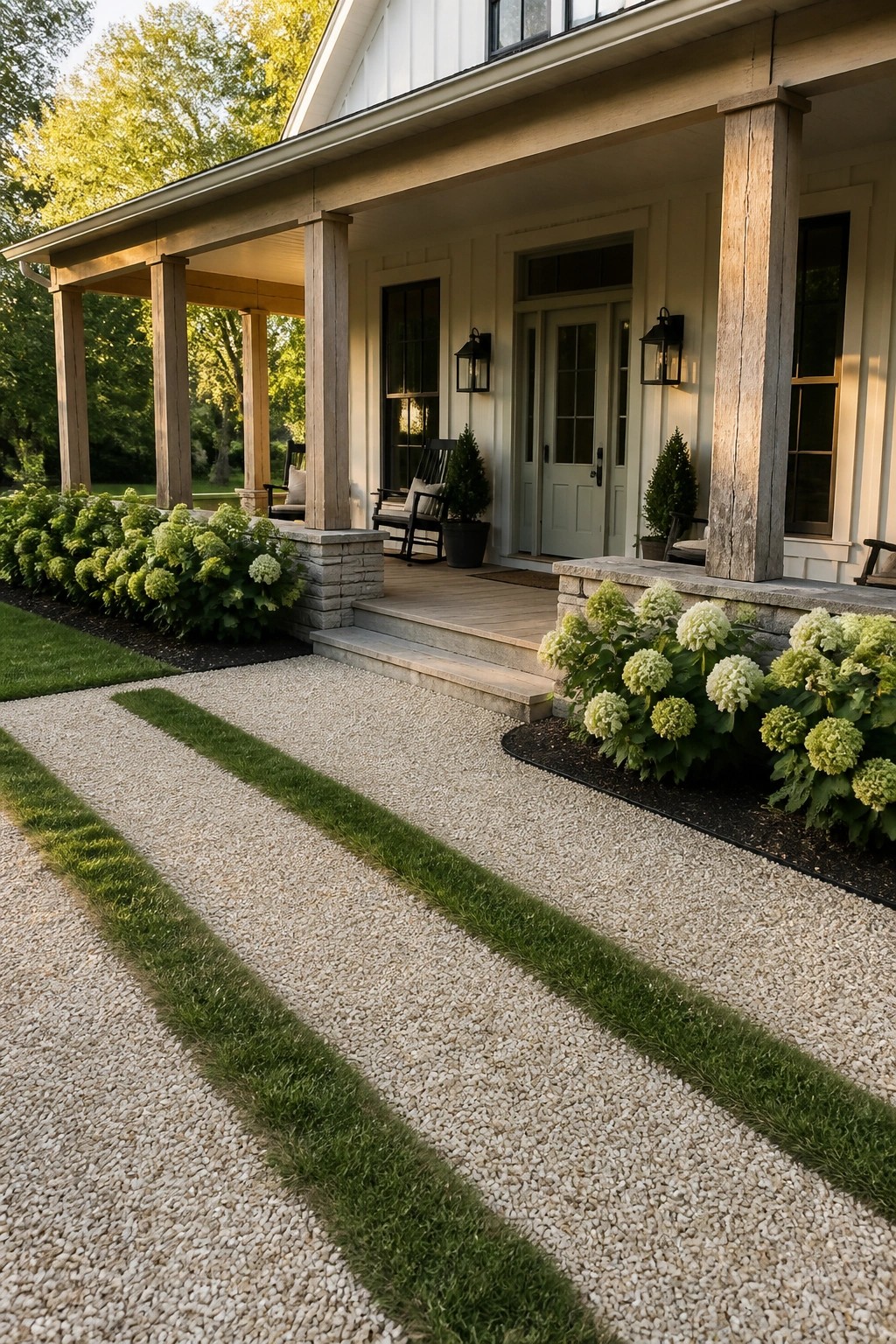 Gravel driveway with three parallel grass strips leading toward a white house porch lined with hydrangeas.