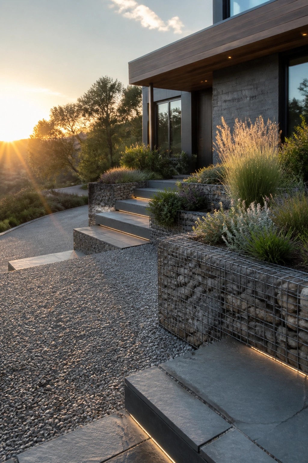 Modern house exterior showing a gravel driveway leading to stone steps with integrated lighting and gabion walls planted with grasses.