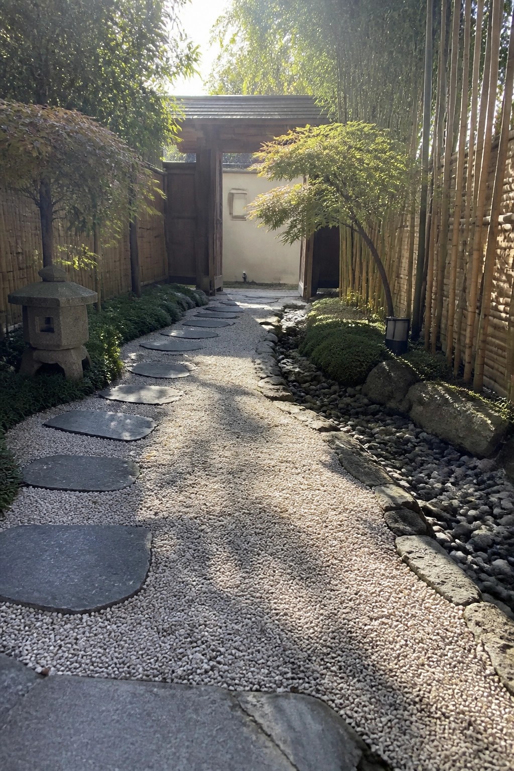 A gravel path with large flat stepping stones runs between rocks and plants toward a wooden gate.