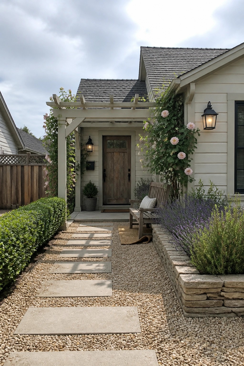 Front walkway of gravel and rectangular concrete stepping stones leading to a house entrance with a wooden door, pergola, bench, and stone-edged garden beds.