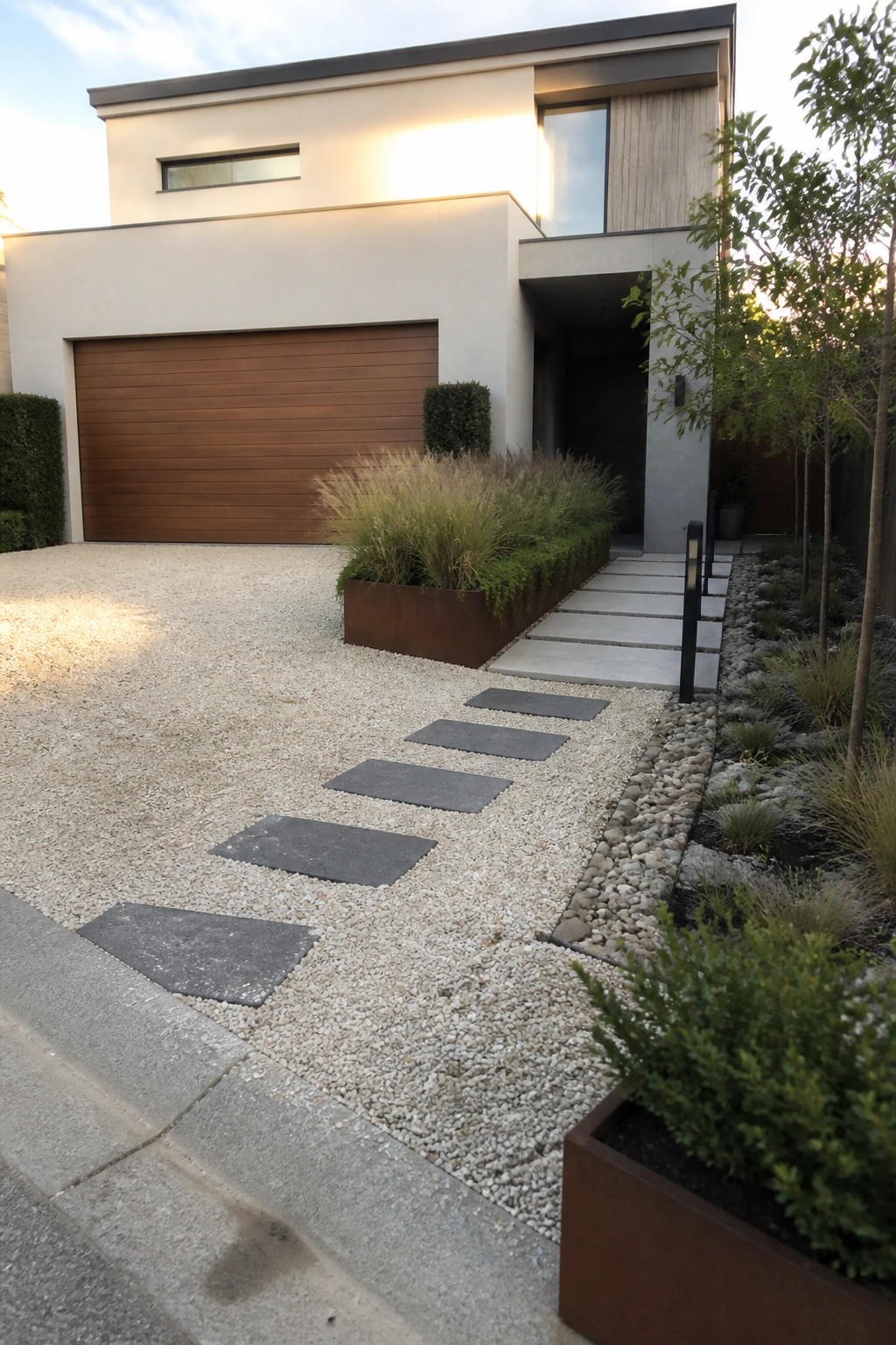 Modern house with gravel driveway, stepping stones, wooden garage and landscaped path.