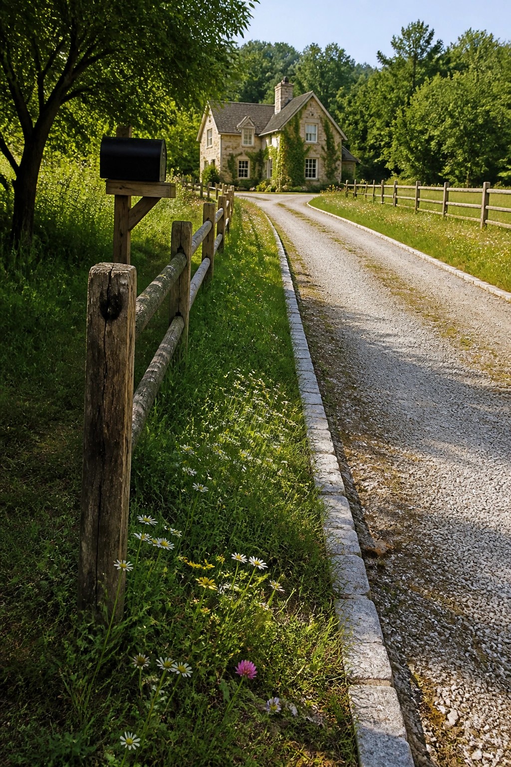 A gravel driveway with a low stone border curves past a wooden fence toward a stone house with ivy on the walls.