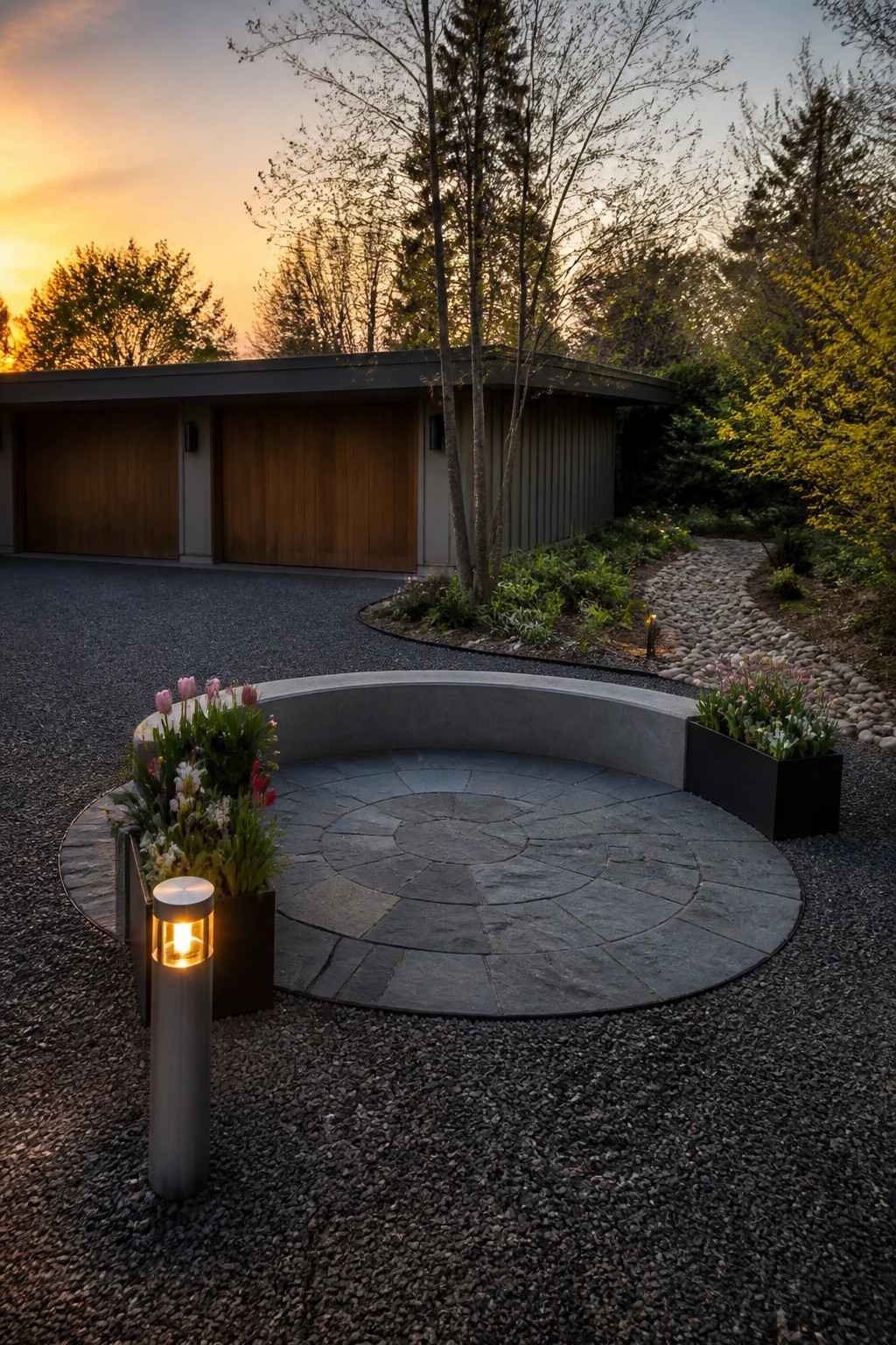 A gravel driveway with a circular stone-paved section, flanked by rectangular planters holding flowers, in front of a house with two wooden garage doors at dusk.