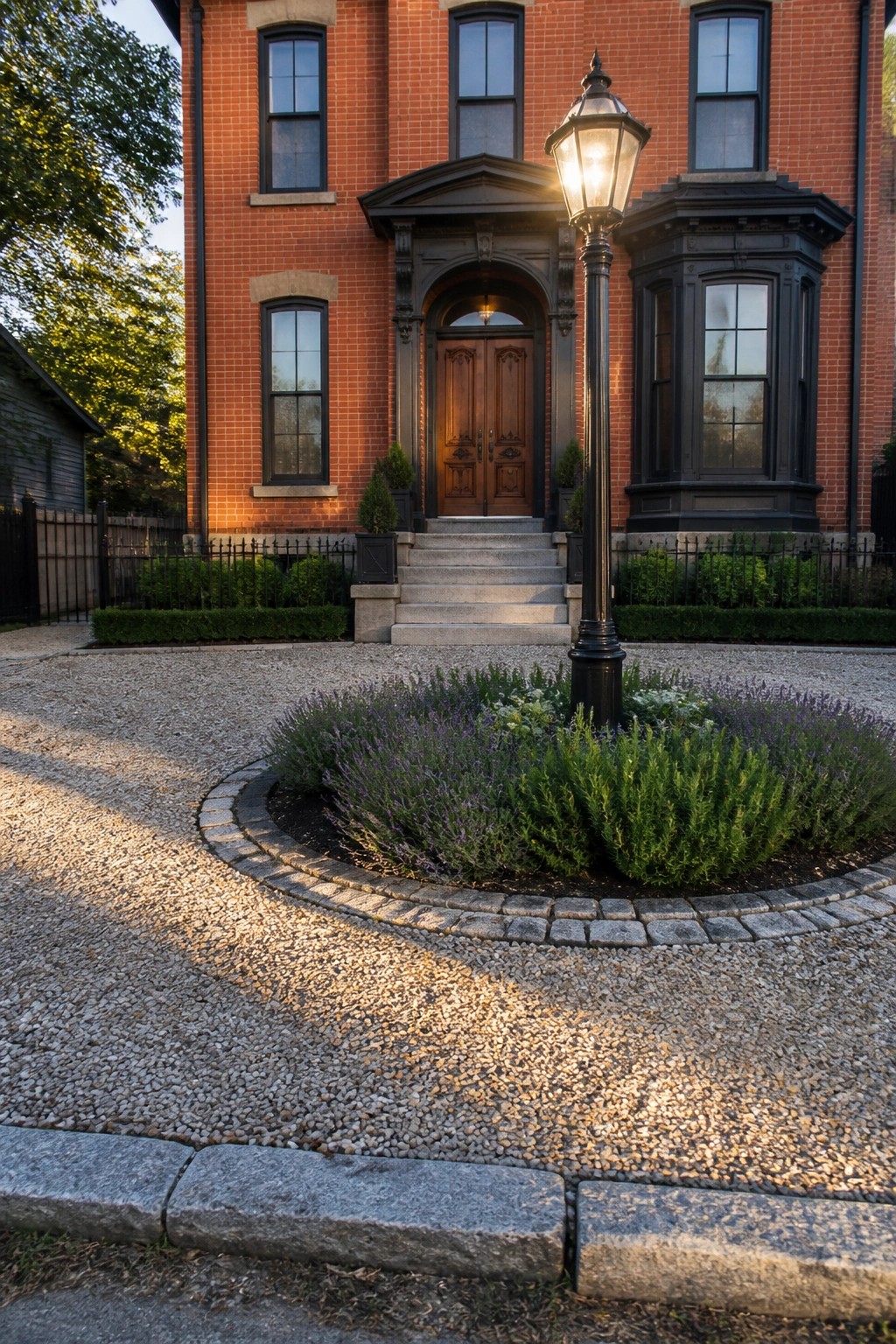 Red brick house with arched doors, lit lamppost, and circular lavender garden bed on gravel.