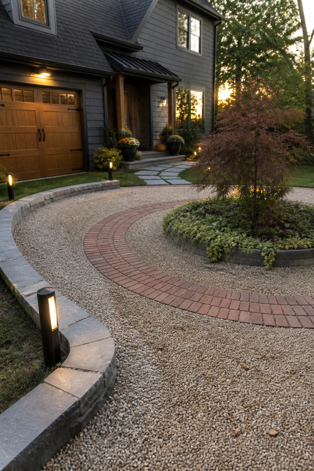A curved gravel driveway bordered by red brick pavers curves around a central planted bed with a small tree, next to a gray house with a wooden garage door.