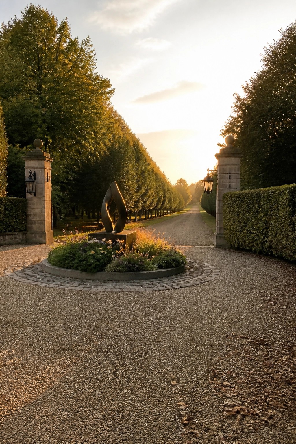 A gravel driveway entrance with a circular paved section containing a central planting bed and abstract metal sculpture, framed by stone gate pillars and leading into a tree-lined path.