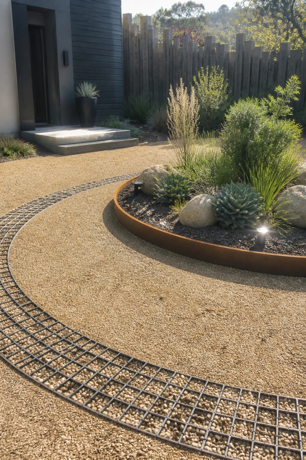 A curved gravel driveway with a grid system surrounds a circular garden bed edged in metal, containing succulents, rocks, and small plants beside a modern house entrance.