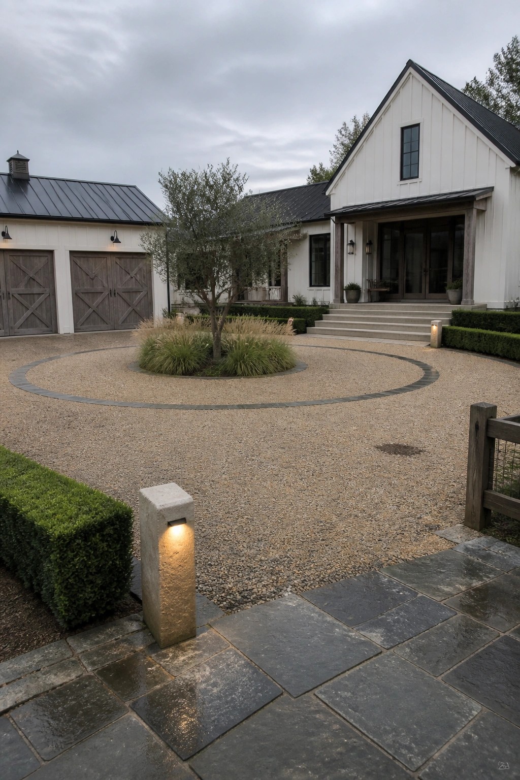 A white farmhouse with dark trim features a large circular gravel driveway centered around a landscaped island with grasses and a small tree, plus stone steps leading to the front entrance.