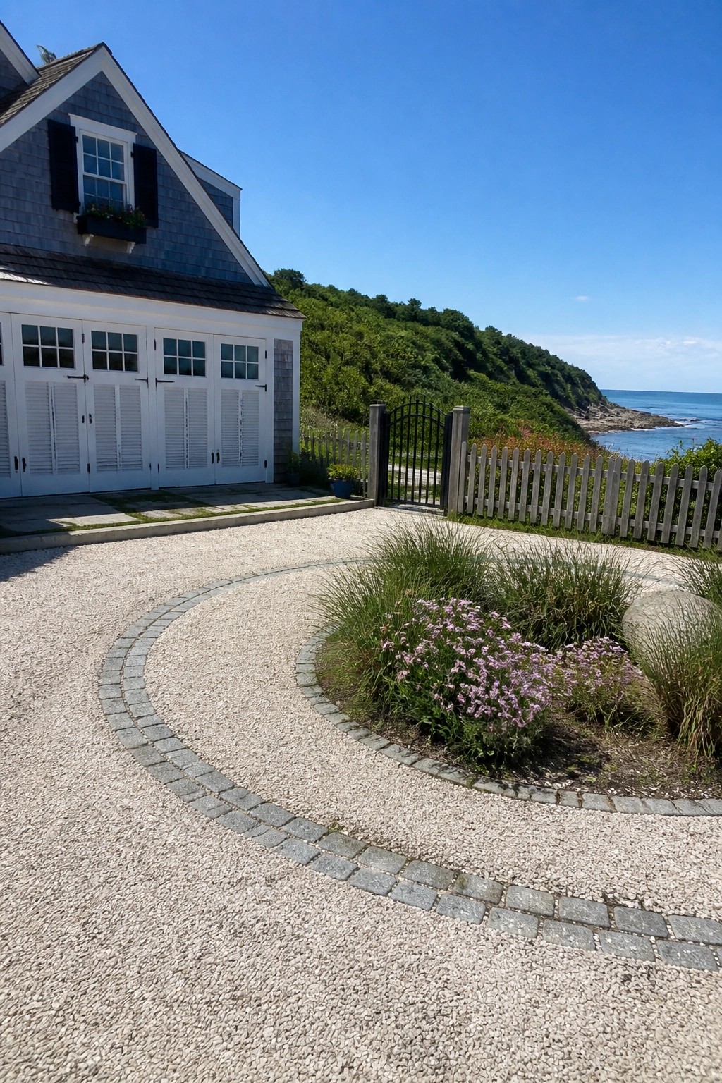 A white shingled house with black shutters beside a circular gravel driveway edged in gray stones, with a central bed of pink flowers and grasses, a wooden picket fence, and a black gate leading toward the ocean.