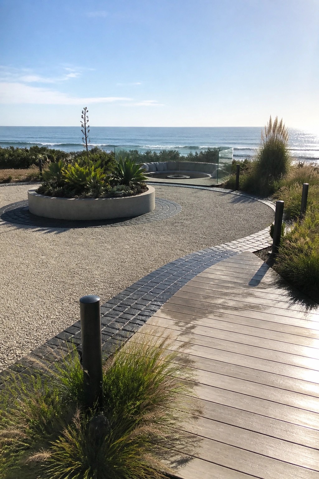 Coastal wooden boardwalk curves past gravel paths, round planter, and ocean-view bench.