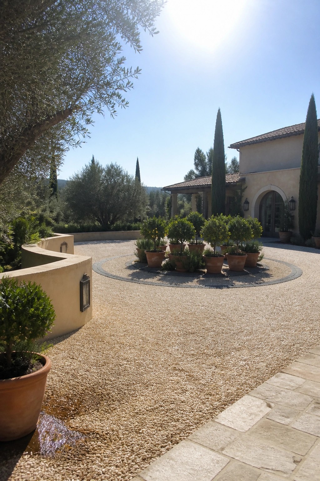 Sunny Mediterranean villa courtyard with gravel, circular potted plants, and cypress trees