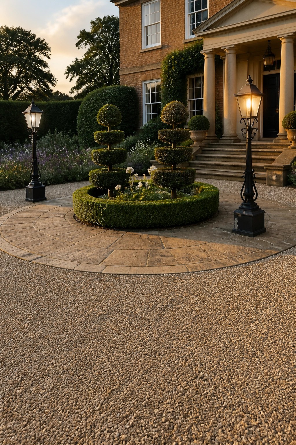 A circular stone-paved section with a central round hedge and topiary plants sits in a gravel driveway in front of a brick house.