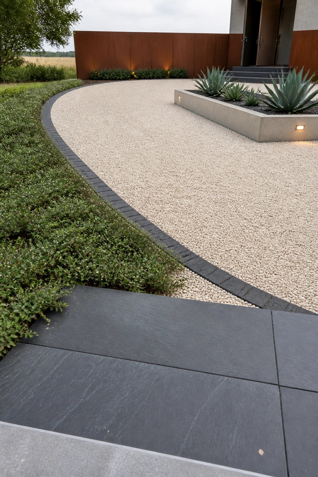 A curved gravel driveway with a dark paver border next to green shrubs and a concrete planter holding agave plants.