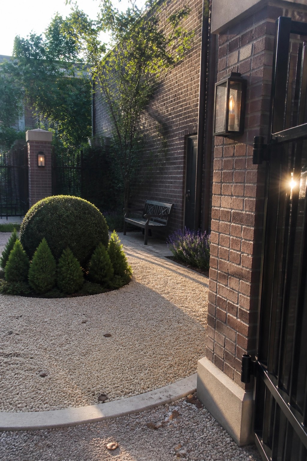 Brick courtyard with gravel path, wooden bench, glowing lantern, shrubs, and black gate.