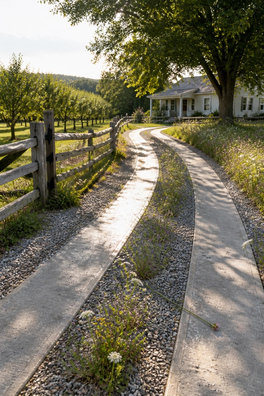 Winding concrete path beside wooden fence leading to white farmhouse in sunlight.