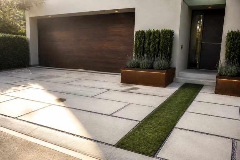 A modern driveway with large light gray pavers, a central strip of grass and gravel, and a raised planter with lighting beside a house with a dark wood garage door.