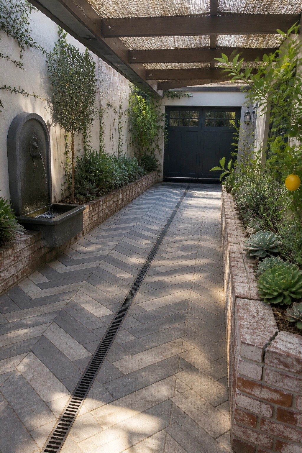 A narrow driveway paved in gray herringbone tiles with a central drain runs between brick planters filled with succulents and small trees toward a dark garage door under a wooden pergola.