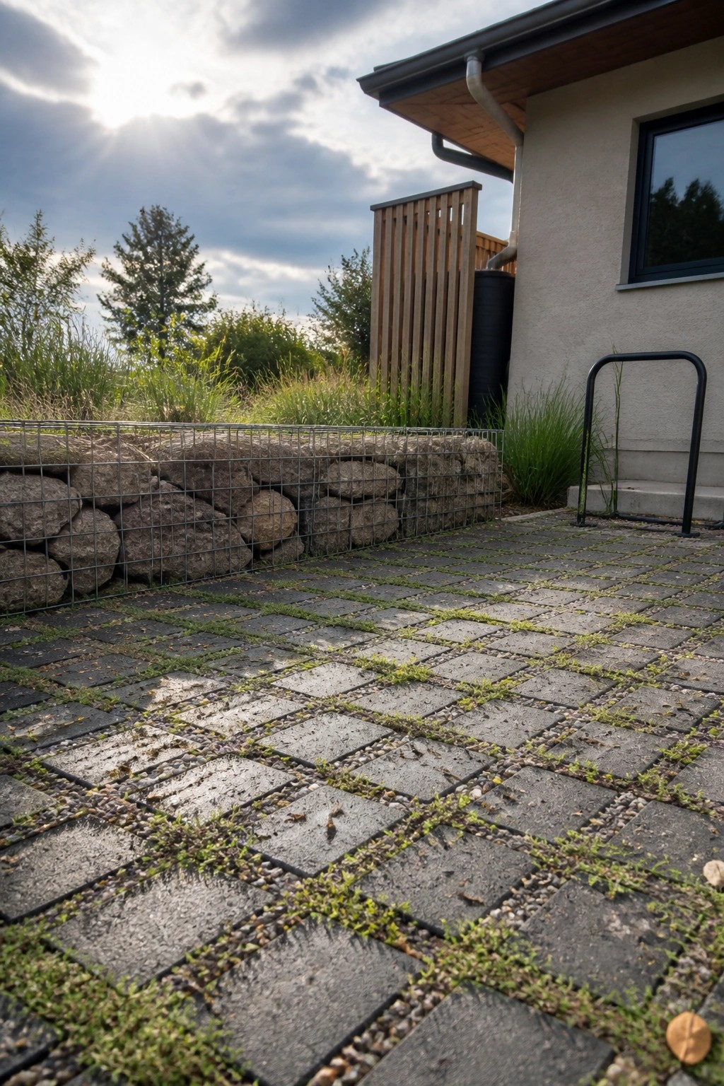 A view of rectangular gray pavers with grass growing in the joints, bordered by a gabion stone wall and the side of a house.
