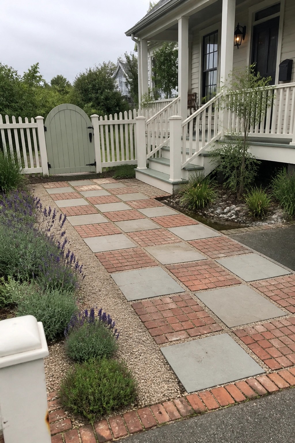 Checkerboard brick and stone path to white porch with green gate and lavender