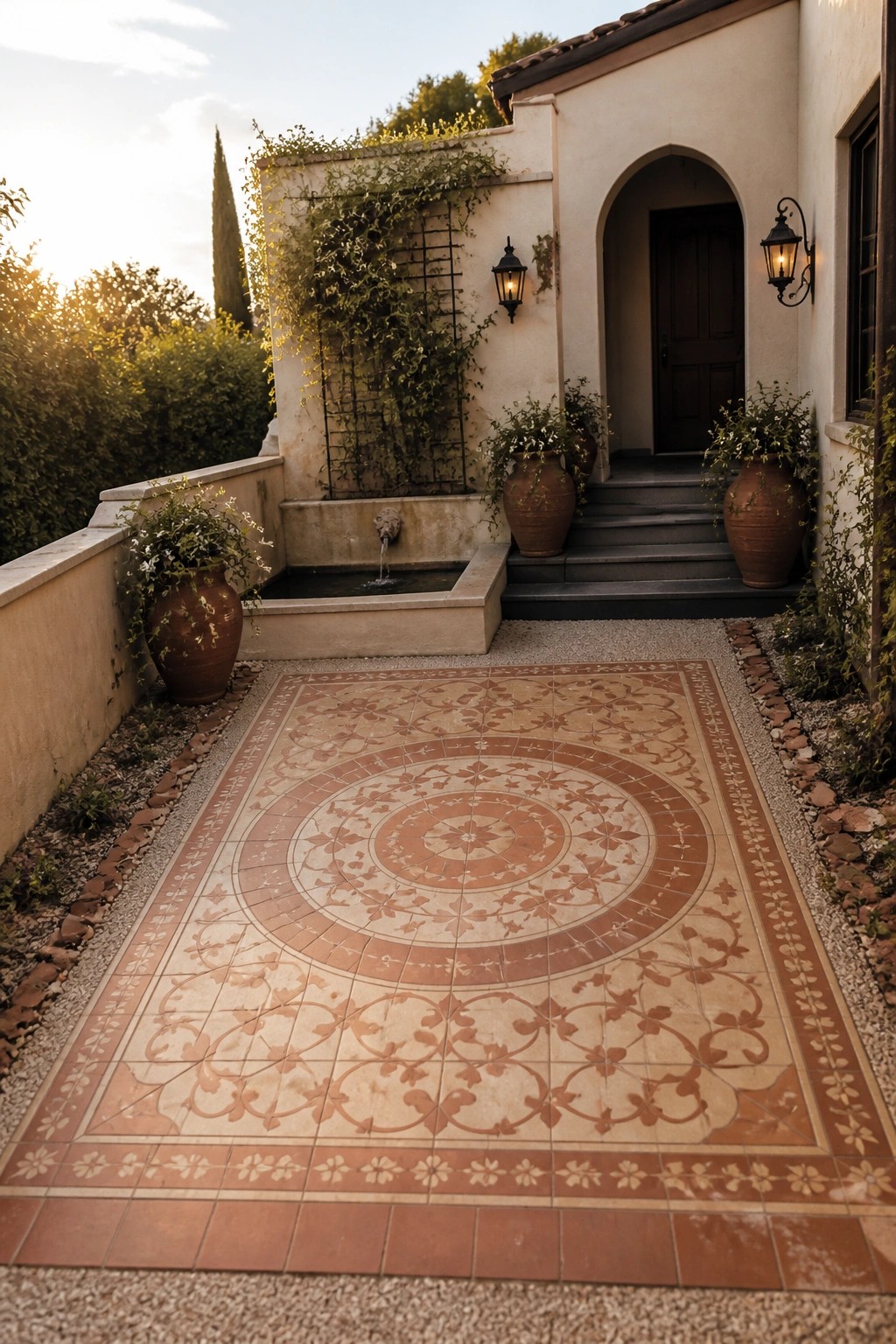 A rectangular tiled walkway with a large central circular medallion pattern in terracotta and beige tones leads toward a house entrance with potted plants and a wall fountain.