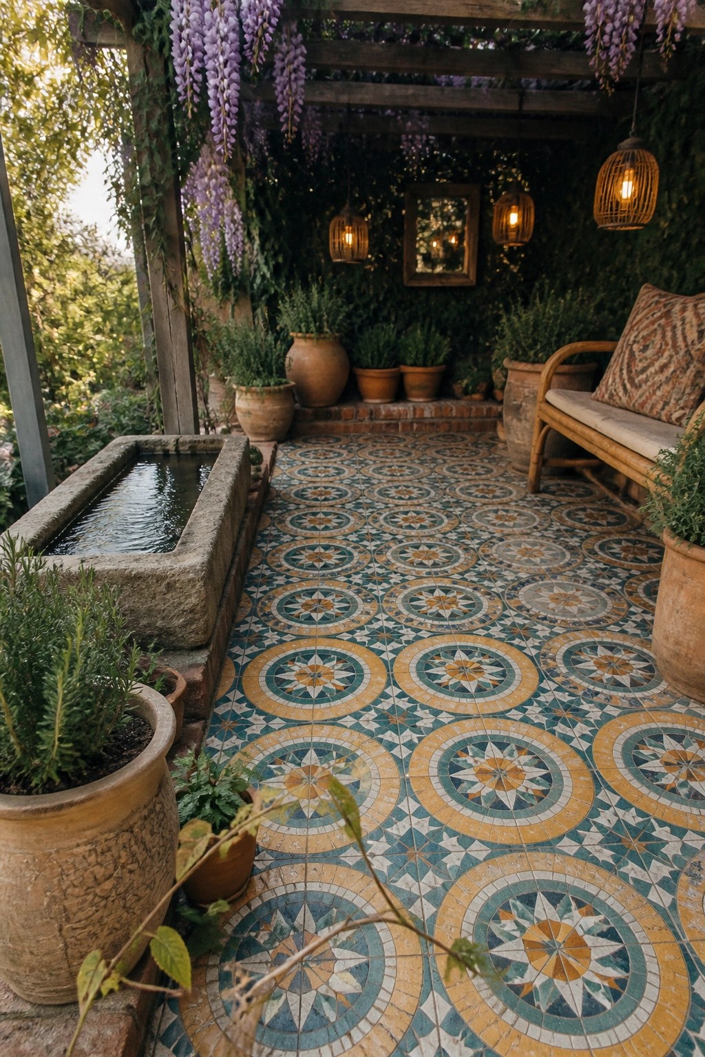 A patio covered in colorful circular mosaic tiles with a stone water trough on the left, potted plants, a wooden bench on the right, and hanging purple flowers overhead.