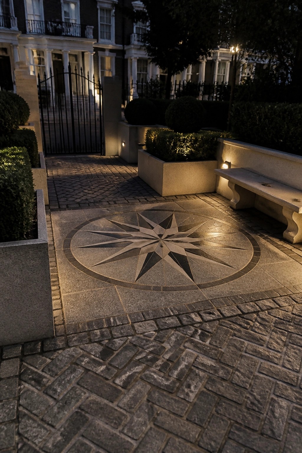 A circular compass rose pattern made of light and dark stone set into a cobblestone path at night, with planters, a stone bench, and a building in the background.