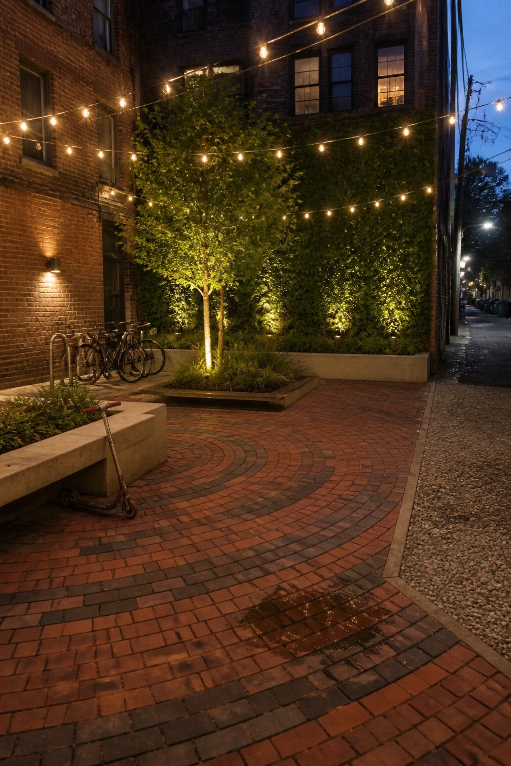 A brick-paved courtyard with a curved swirling pattern, surrounded by brick buildings, string lights, a central tree, and an ivy-covered wall at dusk.