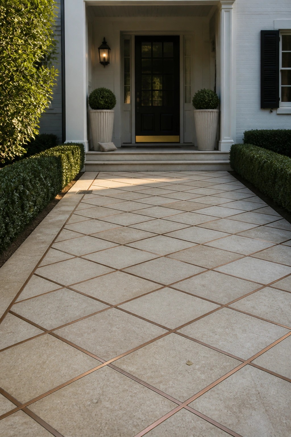 A light stone walkway with a diagonal grid pattern and bronze metal inlays leads to a black front door on a white house, flanked by potted shrubs.