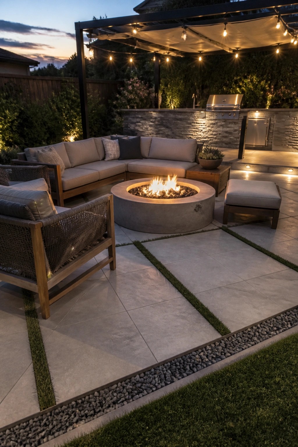 A backyard patio with large concrete pavers separated by grass strips, a round concrete fire pit, outdoor sectional seating, and a built-in grill area at dusk.