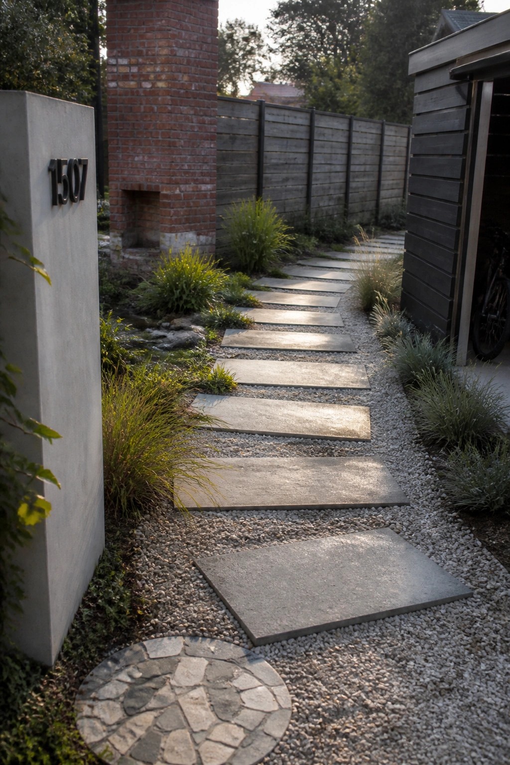 A straight garden path of large rectangular concrete pavers set in gravel, bordered by plants and passing a brick chimney and concrete pillar.