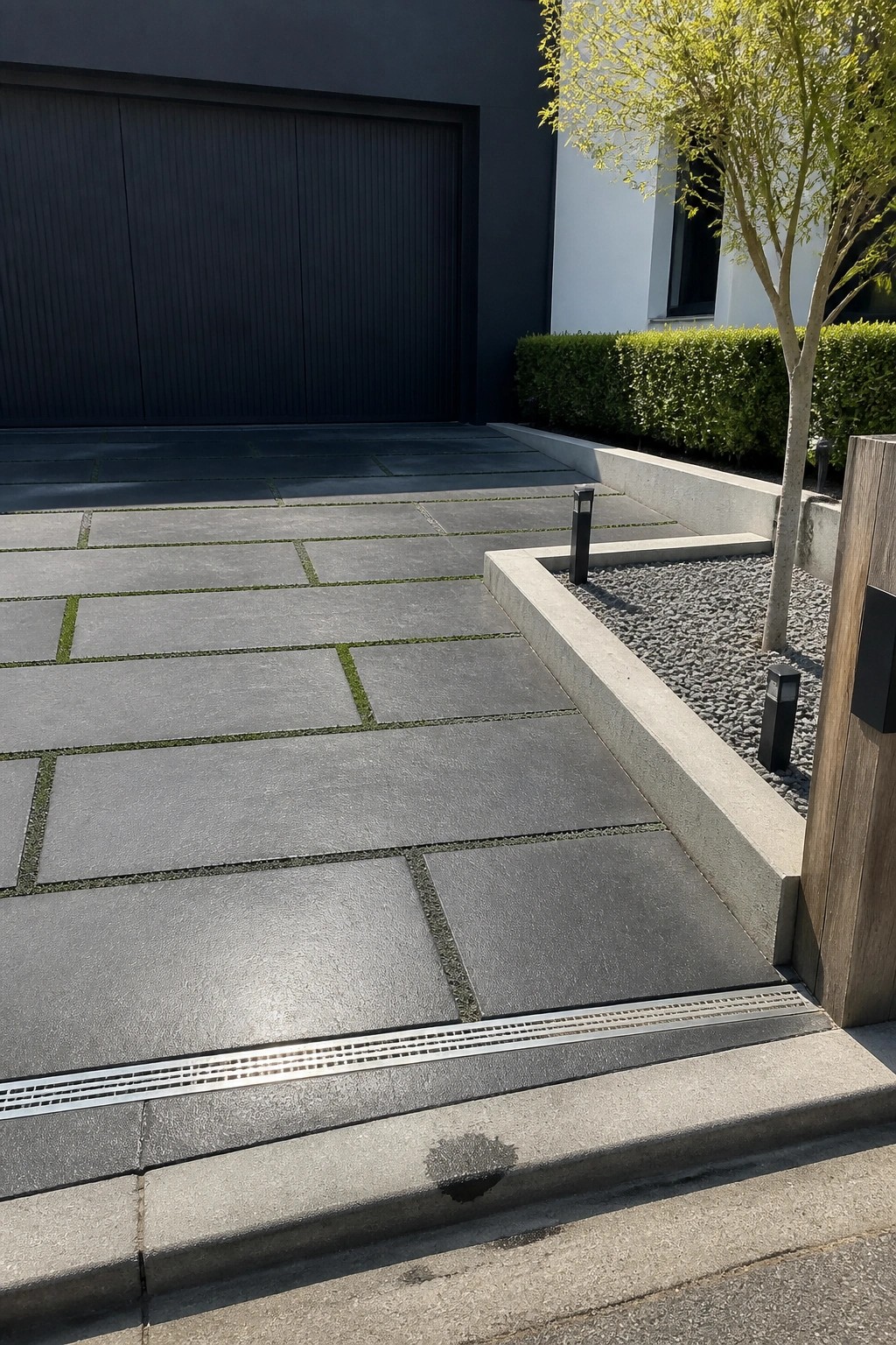 A modern driveway made of large gray rectangular pavers with narrow grass joints leading to a dark garage door, bordered by gravel beds and low shrubs.