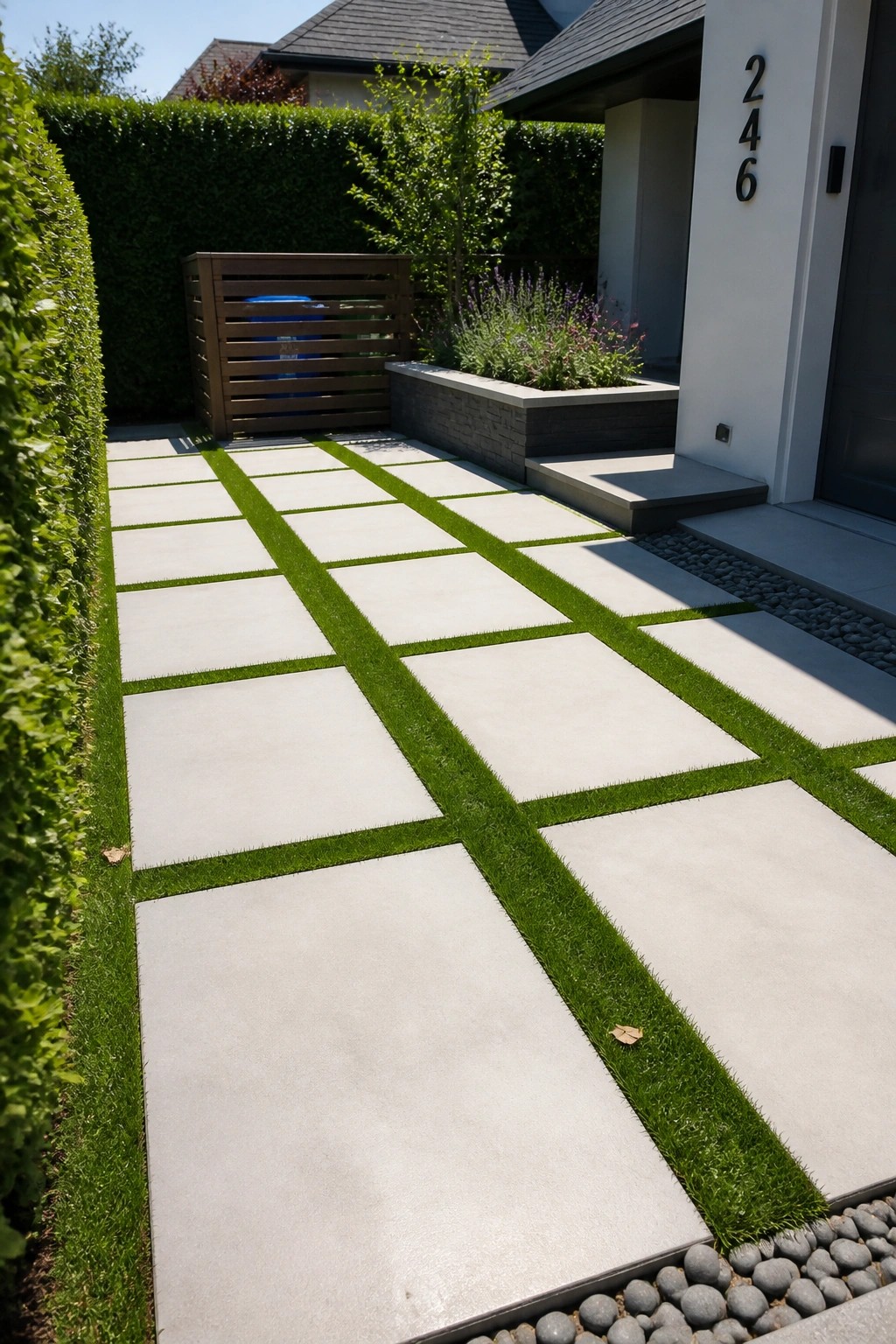 A straight concrete paver walkway with rectangular tiles and grass strips between them leads toward a modern house entrance with a wooden bin on the left.