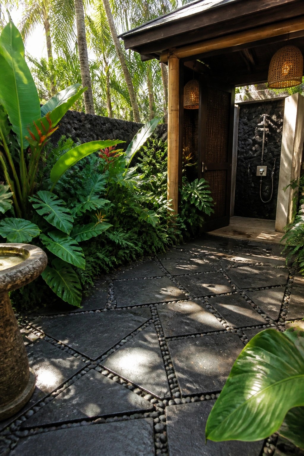 A winding path of large dark stone pavers with pebble-filled joints leads toward an outdoor shower area framed by lush tropical plants.
