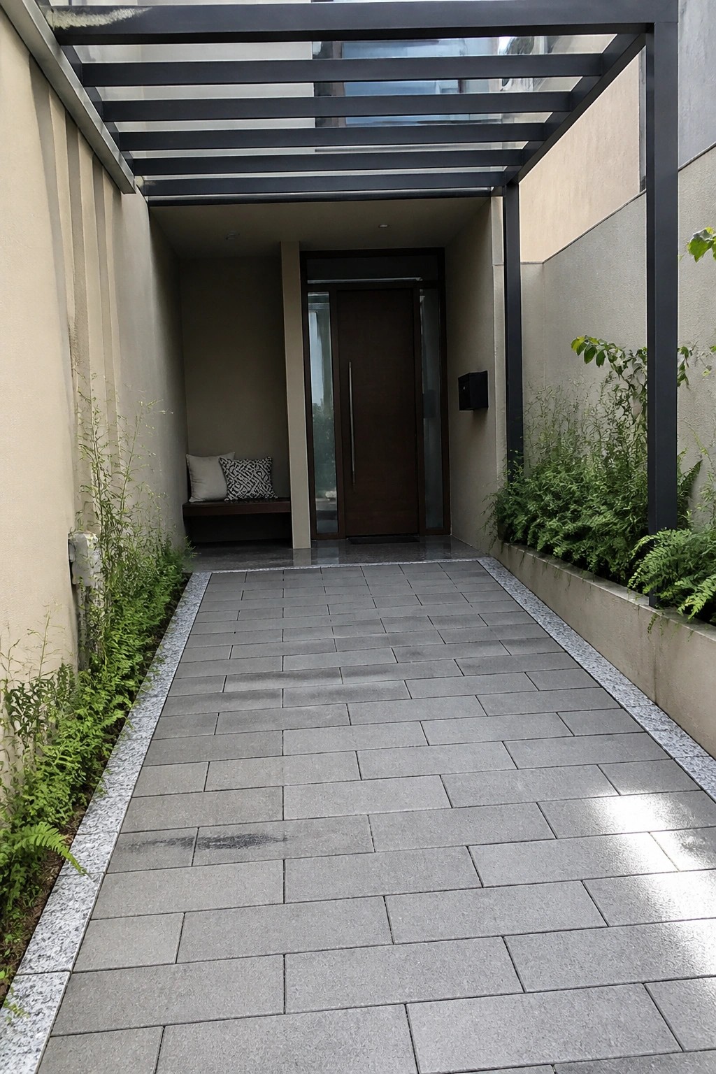 A narrow outdoor walkway paved with large gray rectangular tiles leads to a brown front door, bordered by plants on both sides under a dark metal pergola.