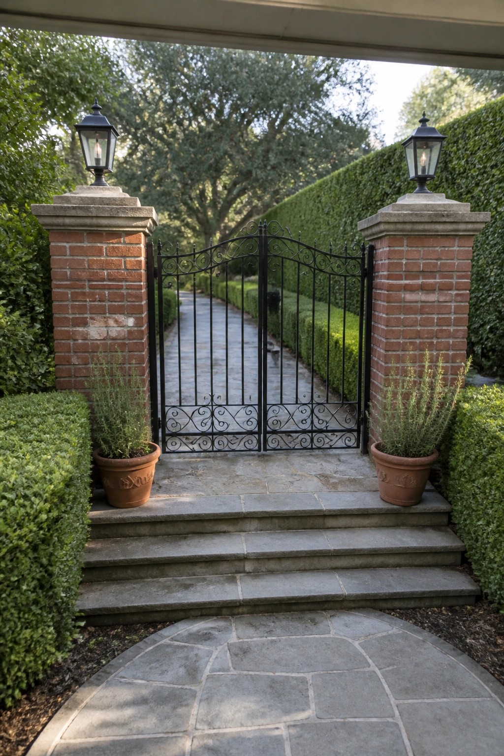 A black wrought iron gate between two brick pillars with lanterns, stone steps, and potted plants at the entrance to a garden path.