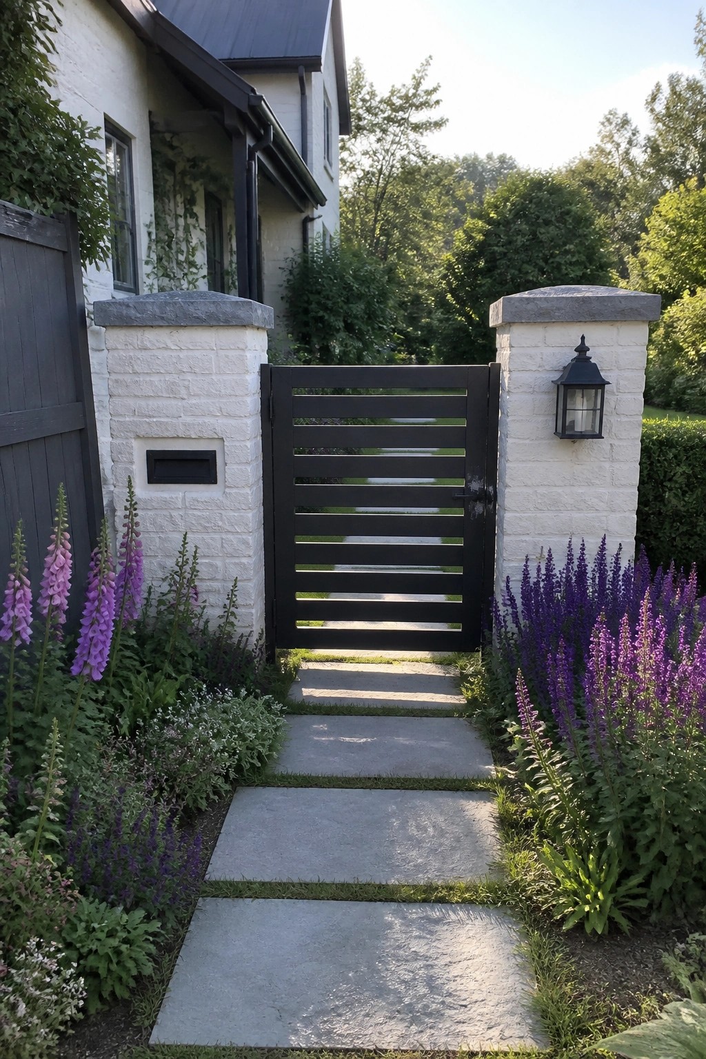 Black gate between white pillars frames stone path lined with purple flowers