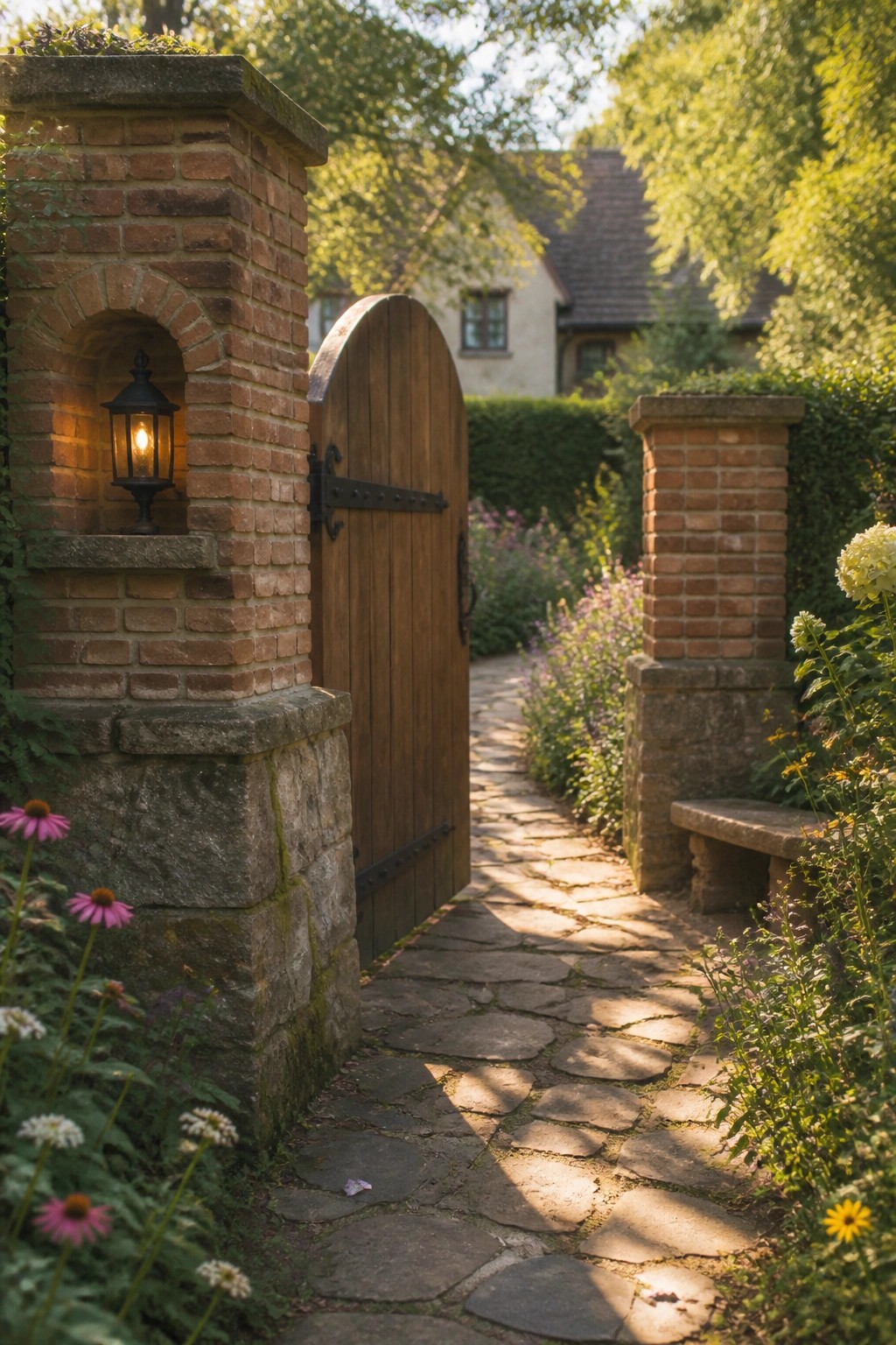 Open wooden gate between brick pillars with lantern along sunlit stone garden path