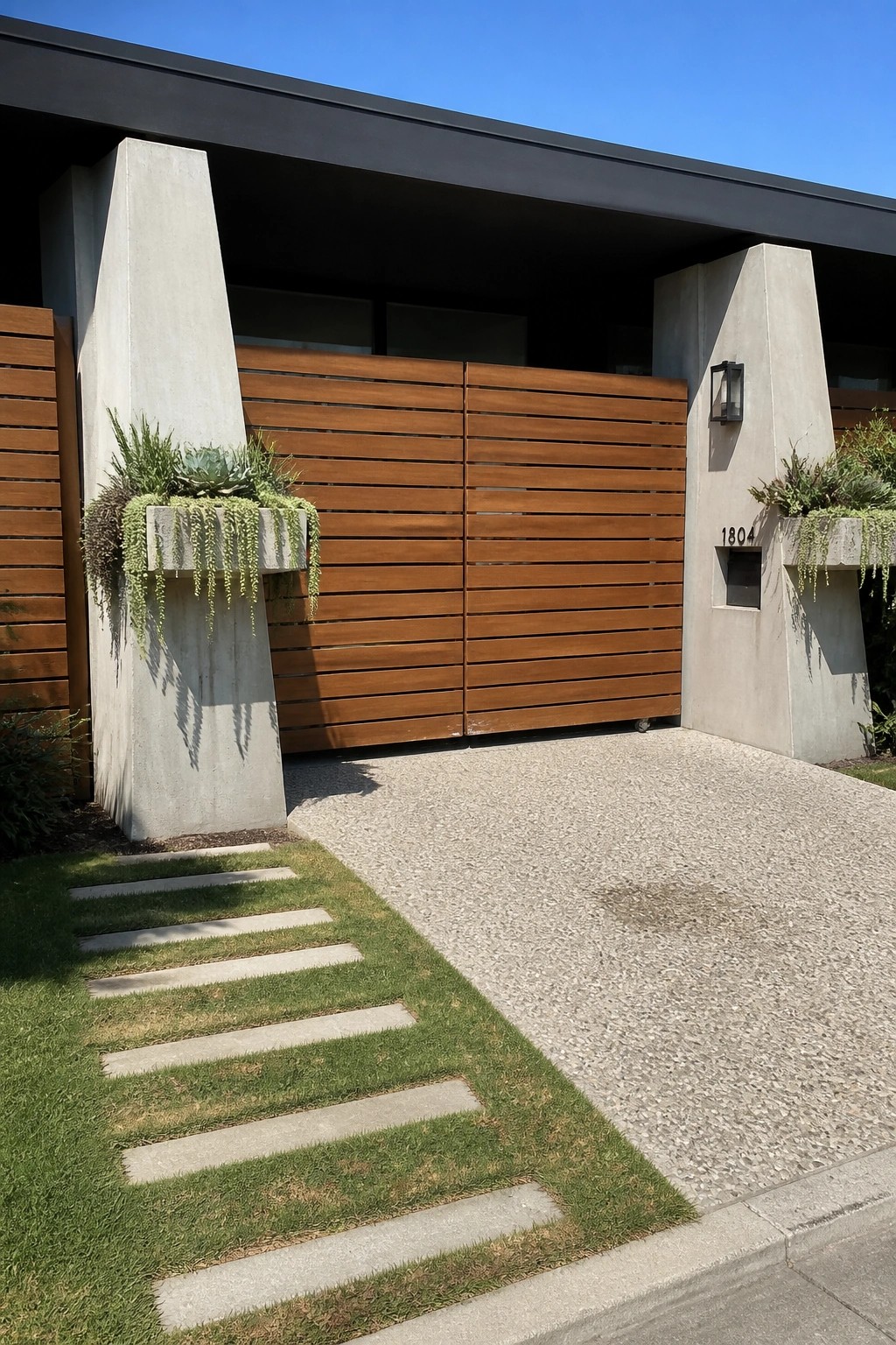 Modern home entrance with wooden slat gate, concrete planters, and gravel driveway.