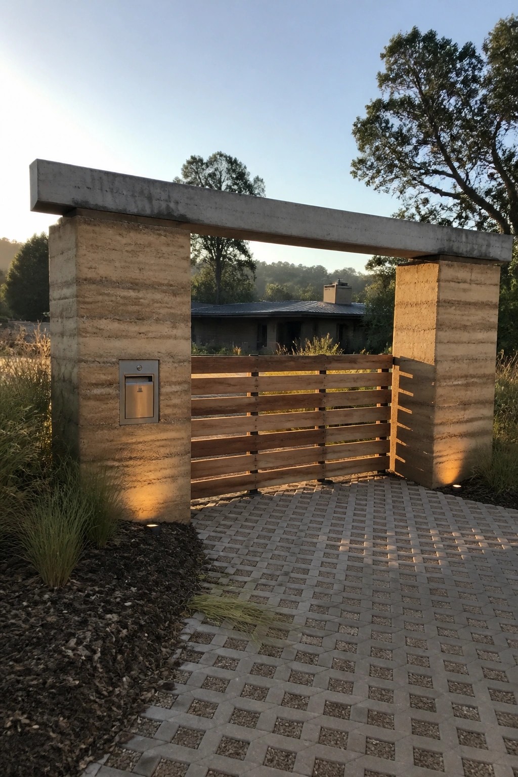 Concrete pillars with a horizontal wood gate and metal panel on the left pillar, viewed from a paved path at dusk.