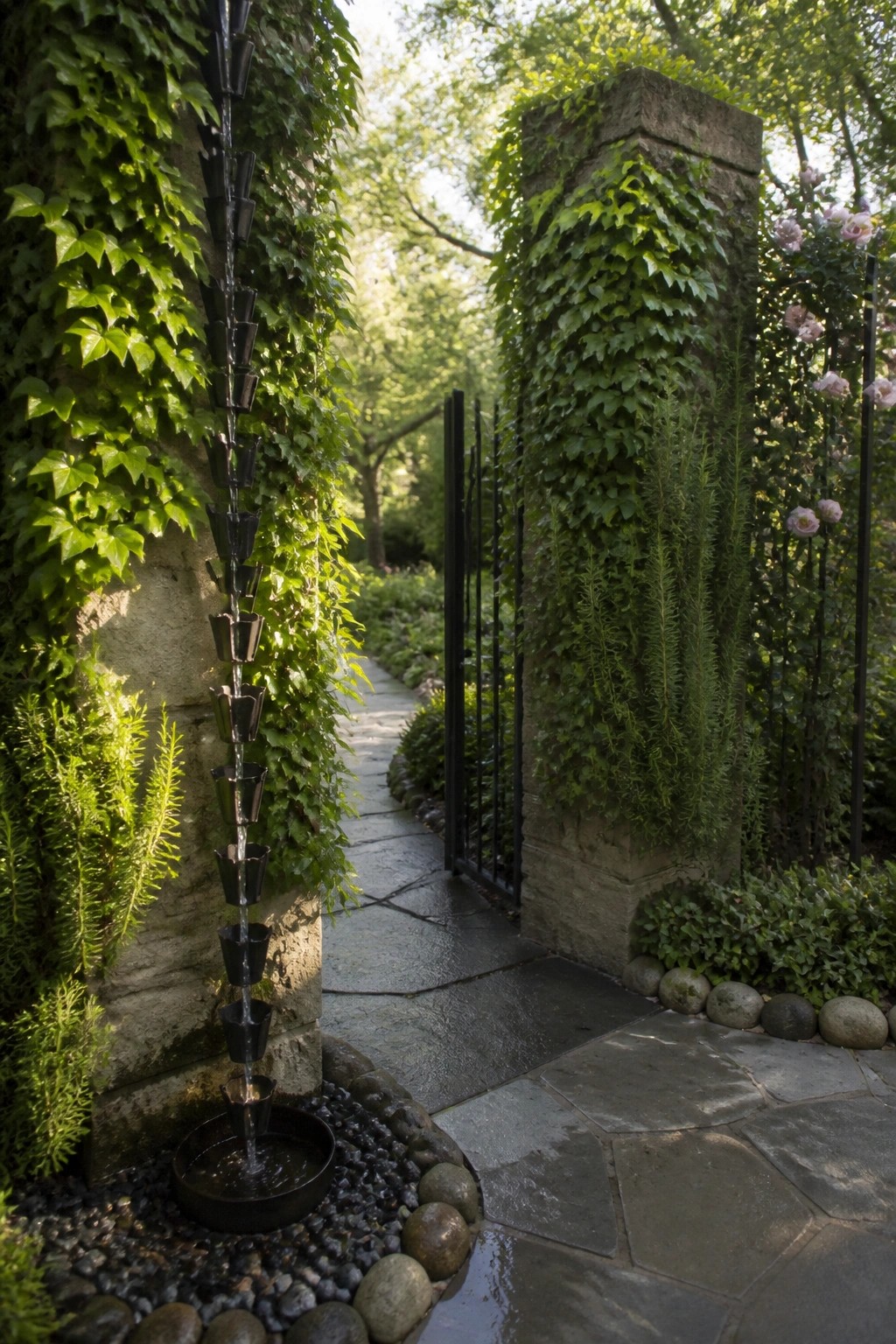 A stone pillar covered in green ivy stands next to a black metal gate along a paved garden path, with a wall-mounted water feature on the left.