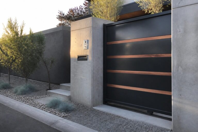 22 Functional Main Gate and Pillar Designs That Add Structure and Presence Modern black wooden gate beside concrete pillar with intercom, mailbox and gravel steps