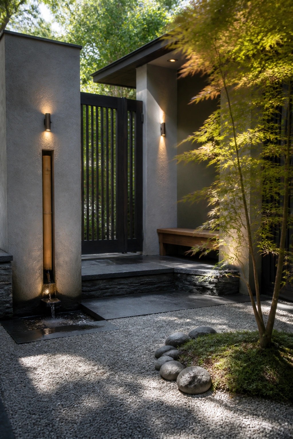 Tranquil Japanese garden with bamboo water fountain, dark gate, wooden bench, and maple tree