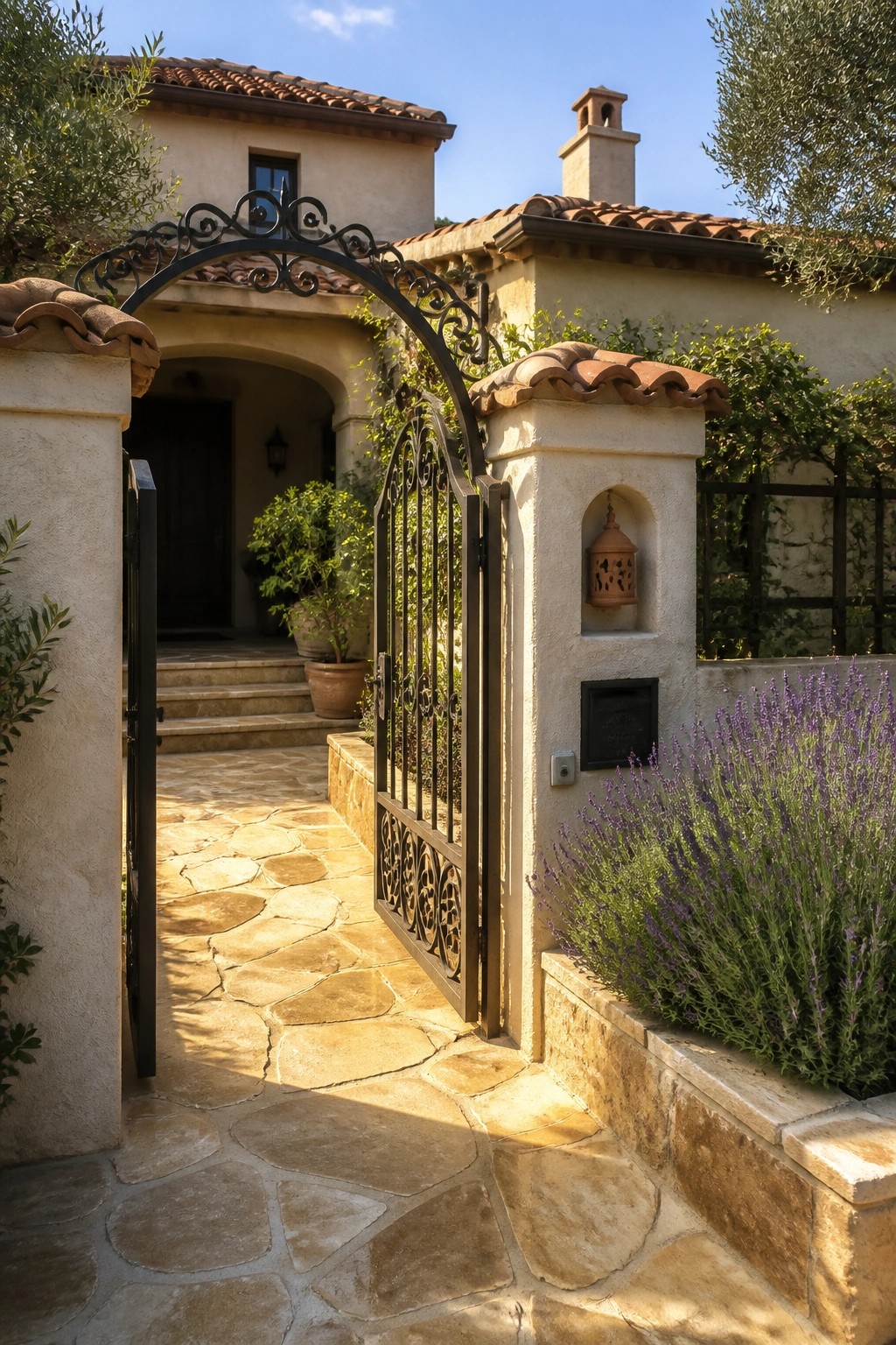 An open wrought iron gate is set between two stone pillars with terracotta tile caps along a stone pathway leading to a stucco house.