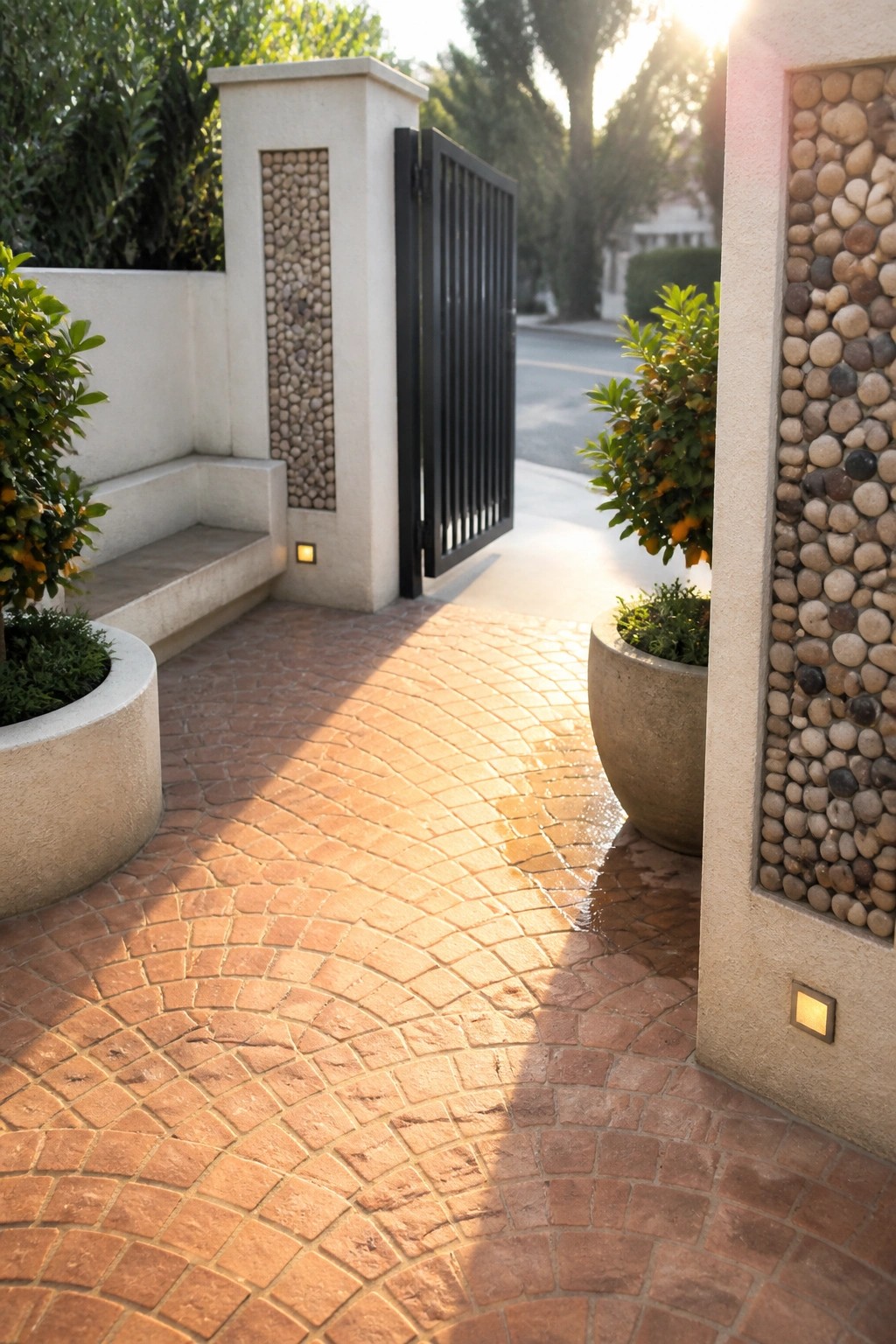 A black metal gate stands open between concrete pillars with vertical pebble inlays, flanked by potted plants and a curved brick pathway.